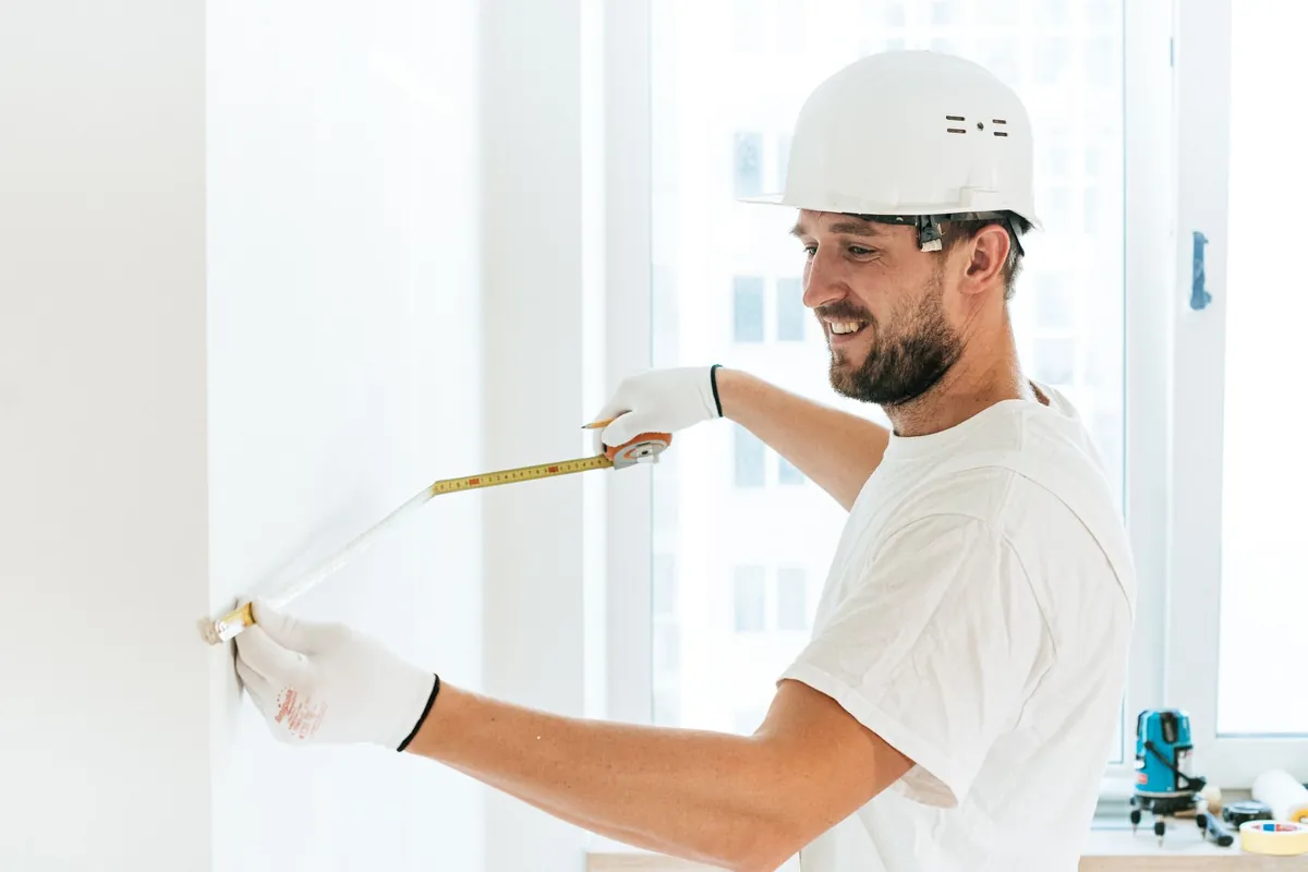 Installer in a hard hat measuring the wall beside a large window
