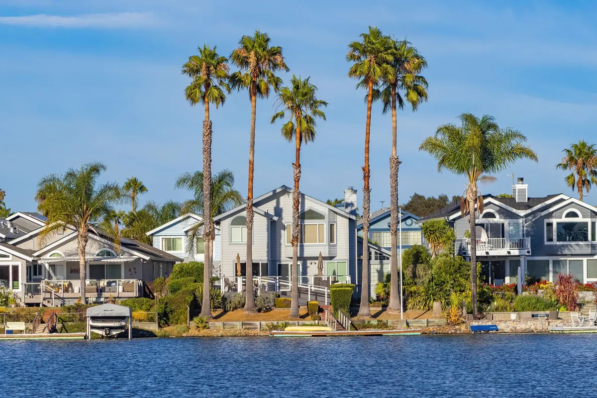 Lakefront homes with docks and tall palms under a clear sky